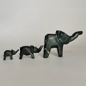 Handcarved Deep Green Elephant Figurines - Set of 3